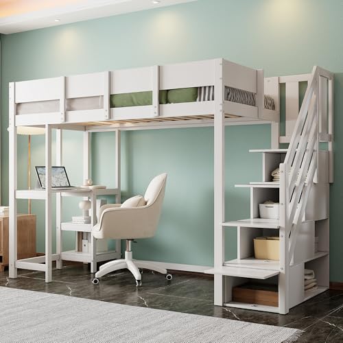 Multifunktionales Etagenbett mit Stauraum, Schreibtisch & Sicherheitsgeländer – Hochbett 90x200 cm aus massivem Kiefernholz, platzsparendes Design für Kinderzimmer & Gästezimmer, Weiß von Generisch