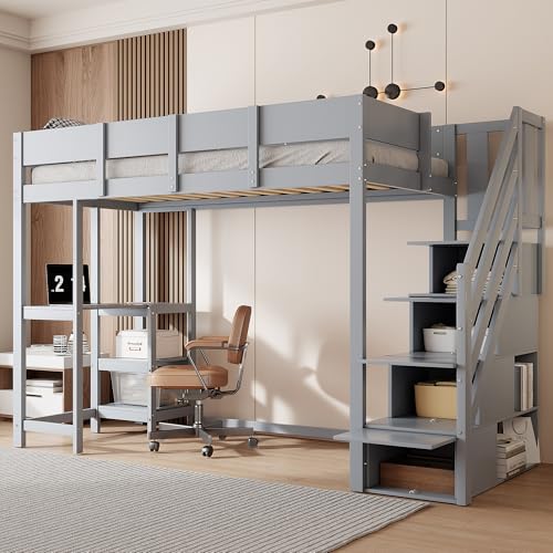 Multifunktionales Kiefernholz-Etagenbett mit integriertem Schreibtisch, Stauraum & Sicherheitsgeländern – Platzsparendes Hochbett 90x200 cm für Kinderzimmer (Grau/Weiß) von Generisch