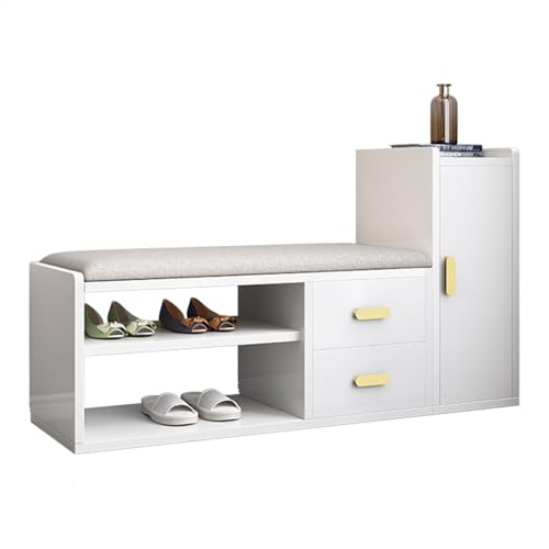 Multifunktionales Schuhregal, Bank mit Schubladen, Massivholz, Eingangsbereich mit gepolstertem Kissen, stilvolle Schuhaufbewahrungslösung (Weiß, 80 cm) von Generisch