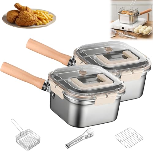 Multifunktions-Frittier-Kocher-Set – Fritteuse, Herd, Edelstahl, tragbarer Fritteusentopf, Frischhaltung und Gemüse waschen mit Frittierkorb, Zange und Öltropfgestell (2 Stück) von Generisch