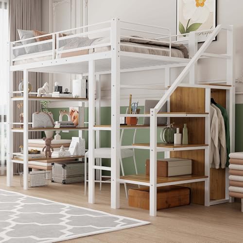 Multifunktions-Hochbett 90x200 cm mit dreilagigem Ablageregal, integriertem Schreibtisch, Kleiderschrank & Sicherheitsstufen – Stabile Eisenkonstruktion, Weiß, Platzsparendes Design von Generisch
