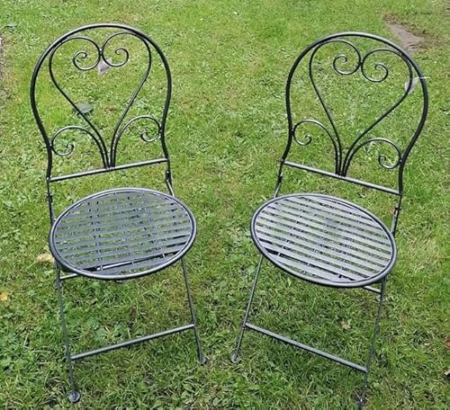 NEU !! 2er Set graue Bistrostühle mit Herzmotiv klappbar Gartenstuhl Vintage Vorgarten Balkon Deko Garten Terrasse von Generisch