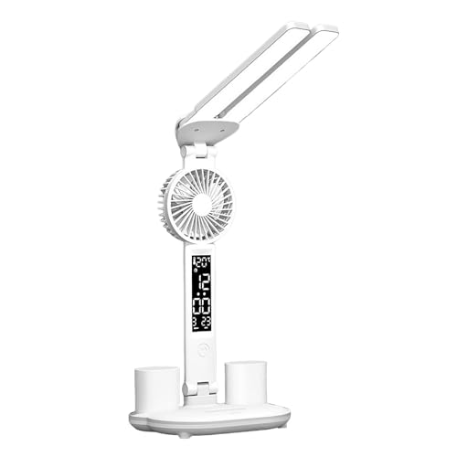 Nachtlicht Projektor Kinderzimmer USB-Ladeanschluss Verstellbare Faltbare Tischlampe Mit Uhr Datum Ventilator Stifthalter Temperatur Stufenlose Dimmbeleuchtung Home-Office-Tisch (White, One Size) von Generisch