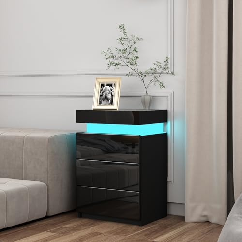 Nachttisch Schwarz Hochglanz Nachtschrank Nachtkästchen mit LED, Nachttisch mit Geheimfach und 3 Schubladen Push-to-Open System, Kommode für Schlafzimmer Wohnzimmer 45x35x67cm (Schwarz) von Generisch