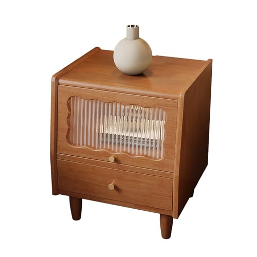 Nachttisch aus Holz mit 2 Schubladen und Rattan-Glastür, Nachttisch für Schlafzimmer-Organisation von Generisch
