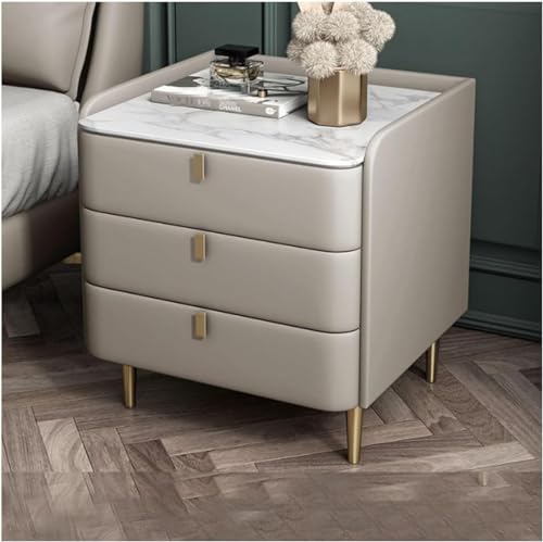 Nachttische Nachttisch Mid Century Moderner Nachttisch Kunstleder Nachttisch mit Marmormuster Sinterstein Tischplatte Beistelltisch Holz 3 Schubladen Schlafzimmer Schrank Kommode von Generisch