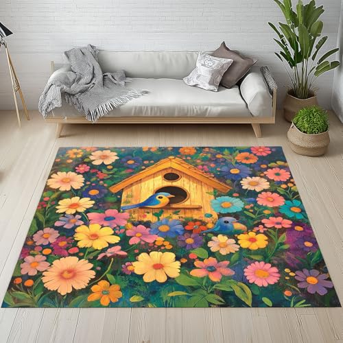 Natur Frühling Blumen Waschbarer Teppich 200x200 cm, Vogel Vogelhaus Teppiche Wohnzimmer Anti Rutsch Große Teppiche Schlafzimmer Weich Kurzflor Carpet Matte Kinderteppich f1st044 von Generisch