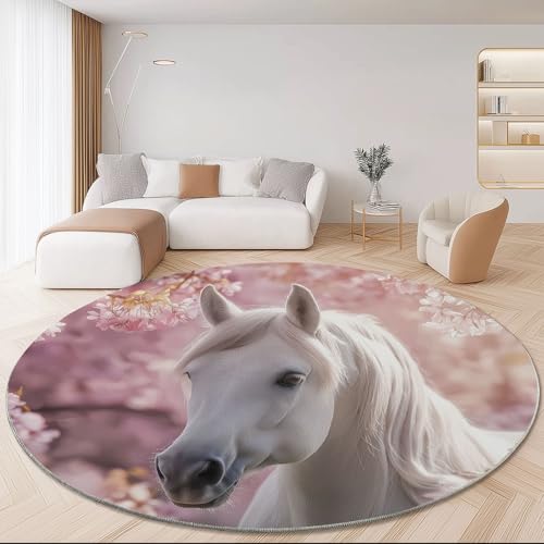 Natur Tier Pferd Kirschblüte Runder Teppich Wohnzimmer, Rosa Style Schlafzimmer Dekoration Teppich Teenager Männer Gaming Zone Rugs Mat rutschfest Washable, 180 cm von Generisch
