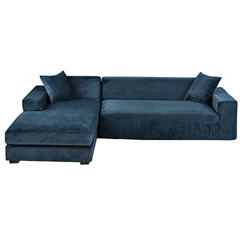 Navy Blau Samt Sektionale Couchüberzüge 2 Stück Stretch L-Form rutschfest Sofaschoner Weicher Möbelbezug für 3+3 Sitzer Ecksofa von Generisch