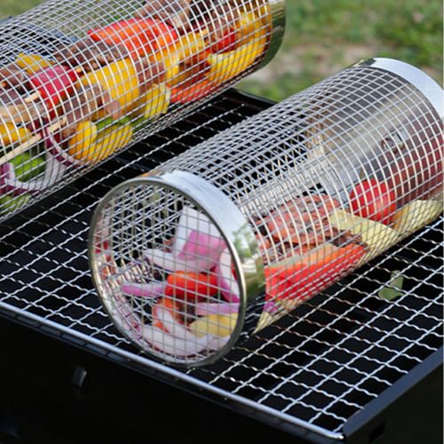 Nestendes Rollendes Grillkorb Set, Haken Gabel, Edelstahl, Grill Zubehör FürGemüseGarnelen, Outdoor Camping Gasgrill, Geschenke Für Männer Papa Ehemann Vatertag, 21x9x9/31x10x10cm von Generisch