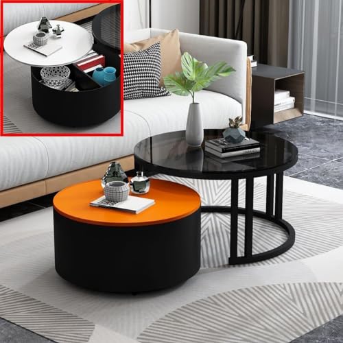 Nesting Couchtisch 2er Set, Moderne Runde Couchtische mit Stauraum, Glasplatte und stabilem Metallrahmen, Industriedesign für kleine Räume Nesting Couchtisch 2er Set, Moderne Runde Couchtische mit Stauraum, Glasplatte und stabilem Metallrahmen, Industriedesign für kleine Räume von Generisch