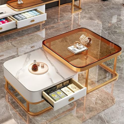 Nesting Couchtisch 2er Set, Quadratische Glas-Beistelltische, Moderner Kleiner Couchtisch mit Edelstahlrahmen für Wohnzimmer, Schlafzimmer, Büro und Nachttisch von Generisch