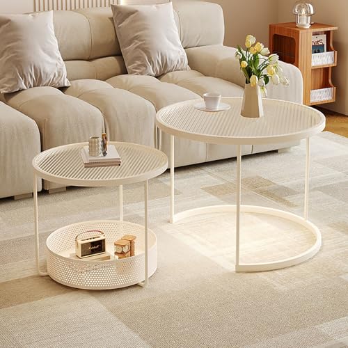 Nesting Couchtisch 2er-Set – Moderne runde Glasplatte & Eisenrahmen – Stilvoller niedriger Tisch für Wohnzimmer – multifunktionaler beigefarbener Teetisch – Wohnmöbel-Dekor von Generisch