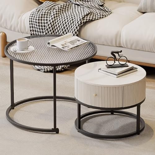 Nesting Couchtisch 2er Set mit großer Aufbewahrungsschublade, einziehbares rundes Design, Glastischplatten für kleine Räume von Generisch