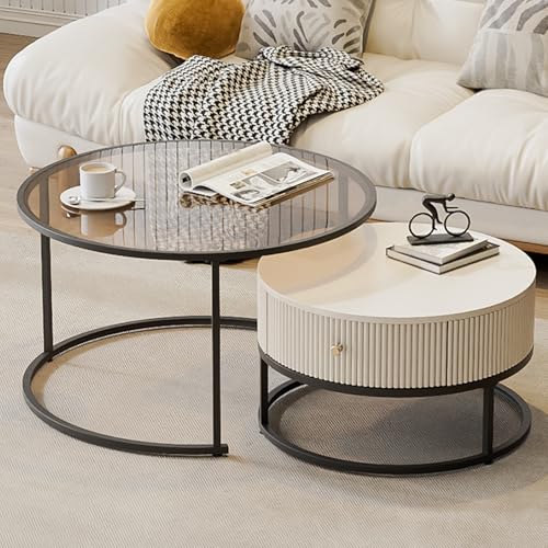 Nesting Couchtisch 2er Set mit großer Aufbewahrungsschublade, einziehbares rundes Design, Glastischplatten für kleine Räume Nesting Couchtisch 2er Set mit großer Aufbewahrungsschublade, einziehbares rundes Design, Glastischplatten für kleine Räume von Generisch