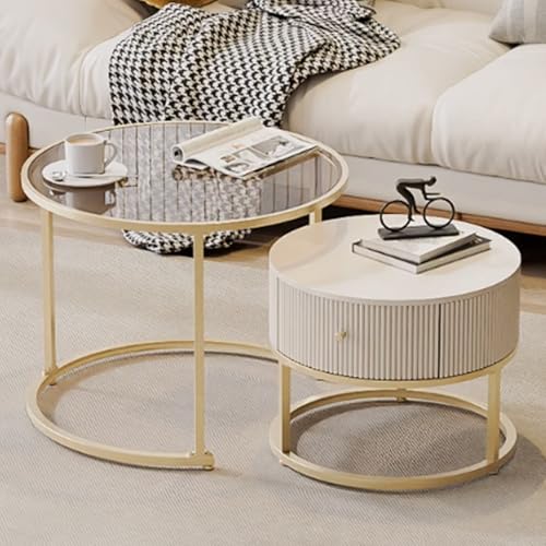Nesting Couchtisch 2er Set mit großer Aufbewahrungsschublade, einziehbares rundes Design, Glastischplatten für kleine Räume Nesting Couchtisch 2er Set mit großer Aufbewahrungsschublade, einziehbares rundes Design, Glastischplatten für kleine Räume von Generisch