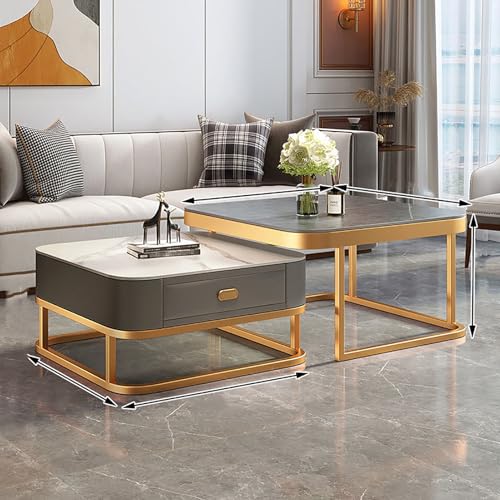 Nesting Couchtisch-Set, stapelbares Design mit Schublade für Wohnzimmer, Glam Square Glas/Schieferplatte auf Metallrahmen von Generisch