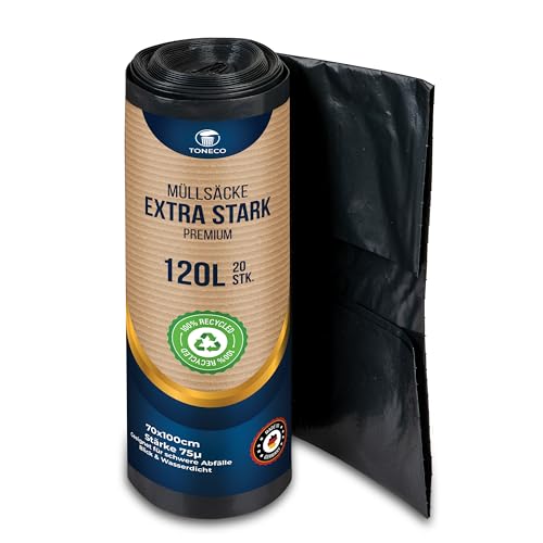 TONECO Profi Müllsäcke 120L EXTRA STARK 70μ - 100 Stück auf 5 Rollen -100% Recycelt - (20 bis 600 Säcke wählbar) - Rollengewicht 1,60 kg - XXL Mülltüten (100) von Generisch