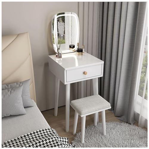 Nordic Schminktisch für kleine Räume mit LED beleuchtetem Spiegel, stabiler Polsterhocker, Schubladenaufbewahrung, elegantes Design für Schlafzimmer und Ankleidebereiche von Generisch