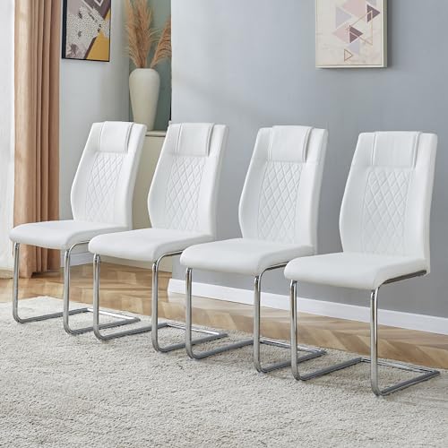 Nordischer Design-Essstuhl aus PU-Leder in Weiß (4er Set) mit diamantgequilteter Rückenlehne, silbernen Metallbeinen & rutschfesten Füßen – Moderner Stil für Küche, Esszimmer oder kleine Wohnungen von Generisch