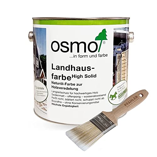 OSMO Landhausfarbe High Solid (Dunkelbraun 2607) 2.5 l Wetterschutzfarbe Wasserabweisend + Flächenstreicher Pinsel von Pfahler Gratis von Generisch
