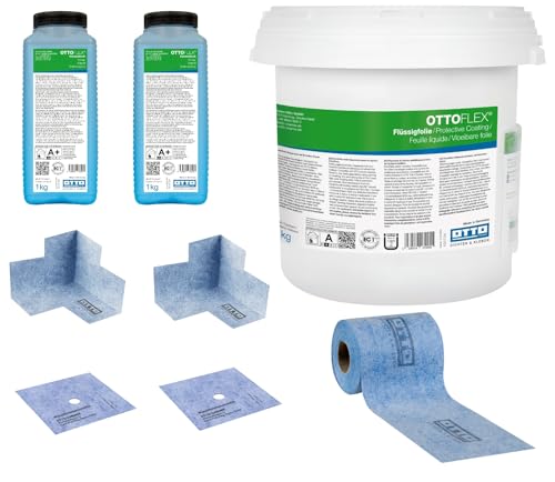 OTTOFLEX Komplett-Dichtset mit 12 kg Flüssigfolie und 1 Beutel Farbpaste (10g) 2 kg Voranstrich 2 Wanddichtmanschetten 15 x 15 cm 10 Meter OTTOFLEX Objektdichtband 2 Innenecken Abdichtung von Generisch