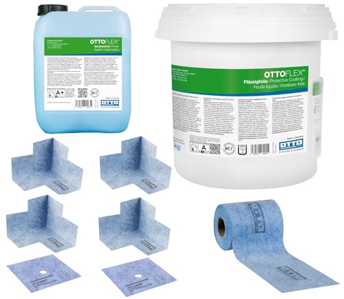 OTTOFLEX Komplett-Dichtset mit 20 kg Flüssigfolie und 1 Beutel Farbpaste (10g) 5 kg Voranstrich 2 Wanddichtmanschetten 15 x 15 cm 20 Meter OTTOFLEX Objektdichtband 4 Innenecken Abdichtung von Generisch