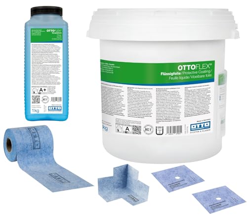 OTTOFLEX Komplett-Dichtset mit 7 kg Flüssigfolie und 1 Beutel Farbpaste (10g) 1 kg Voranstrich 2 Wanddichtmanschetten 15 x 15 cm 5 Meter OTTOFLEX Objektdichtband 1 Innenecke Abdichtung von Generisch