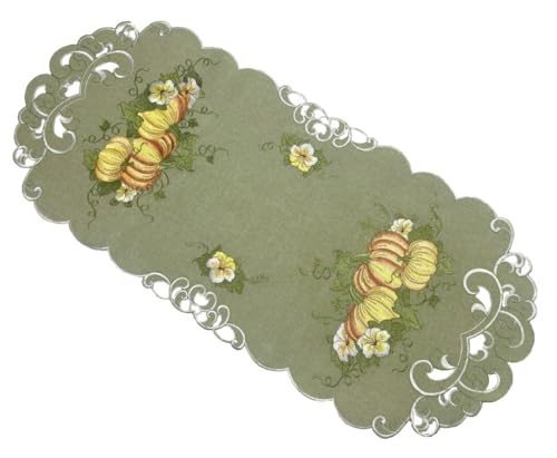 Orange Kürbisse und Blumen auf grünem Grund Tischläufer Tischdecke Mitteldecke Deckchen gestickt (ca. 40x90 cm) von Generisch