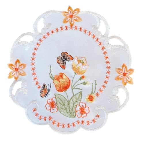 Orange Tulpen und Schmetterlinge Tischläufer Tischdecke Mitteldecke Deckchen gestickt (ca. 20 rund) von Generisch