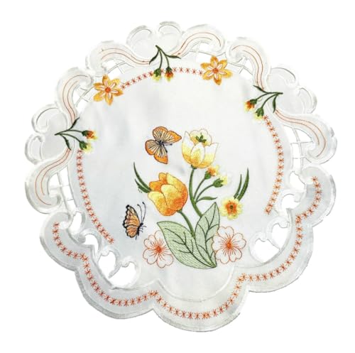 Orange Tulpen und Schmetterlinge Tischläufer Tischdecke Mitteldecke Deckchen gestickt (ca. 40 rund) von Generisch