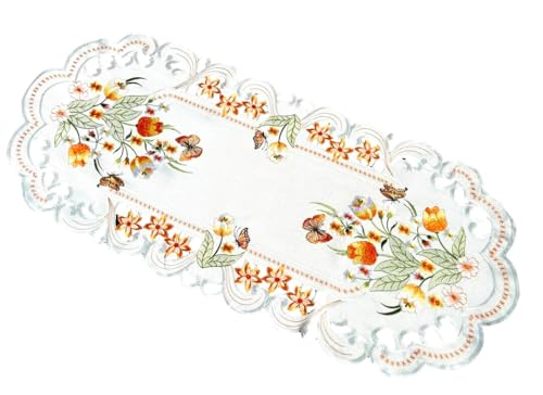 Orange Tulpen und Schmetterlinge Tischläufer Tischdecke Mitteldecke Deckchen gestickt (ca. 40x90 cm) von Generisch