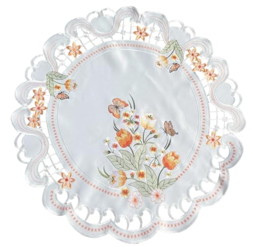 Orange Tulpen und Schmetterlinge Tischläufer Tischdecke Mitteldecke Deckchen gestickt (ca. 60 rund) von Generisch