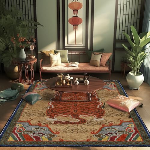 Orientalischer Teppich, traditionelles chinesisches Muster, Vintage-Wohnzimmer-Teppich mit rotem und beigem Design, blauer Rand (160 x 230 cm) von Generisch