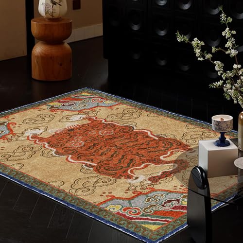 Orientalischer Teppich, traditionelles chinesisches Muster, Vintage-Wohnzimmer-Teppich mit rotem und beigem Design, blauer Rand (200 x 250 cm) von Generisch