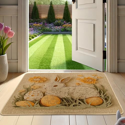 Osterhasen-Fußmatte, gelbes Kaninchen und Eier, Türmatte für Frühling, Innen- und Außendekoration, rutschfeste wasserdichte Staubmatte, leicht zu reinigen, Voreingangsteppich, 73,2 x 43,2 cm von Generisch
