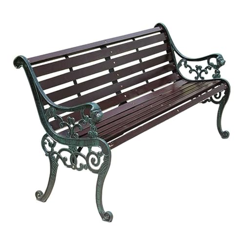 Outdoor-Bank aus Aluminiumguss für 2 bis 3 Personen, robuste Holzoptik, mit Rückenlehne und Armlehnen, ideal für Veranda-Deck und Terrassenmöbel (Braun und Antikgrün, 150 cm) von Generisch