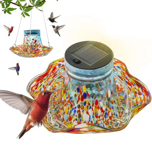 Outdoor Kolibri-Futterautomat | Solarglas Kolibri-Futterspender Mit Solarleuchte | Vogelbad Gartendeko Mit Solardekoration Buntglas-Landschaftsornamente Geburtstagsgeschenk Für Damen Herren von Generisch