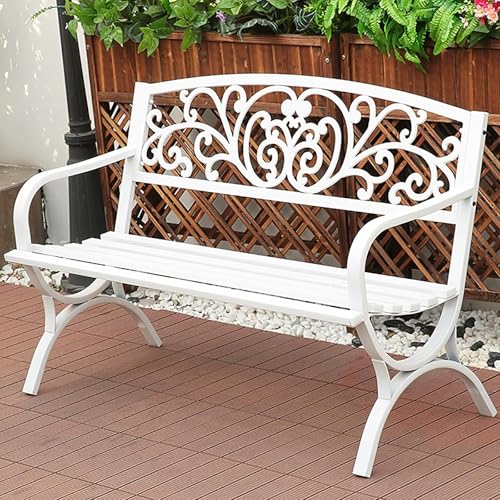 Outdoor Metall Gartenbank Wetterbeständig Terrassensitz mit Rückenlehne & Armlehnen Geschnitztes Design für Veranda & Terrasse Stilvolle Weiße Gartenmöbel Outdoor Metall Gartenbank Wetterbeständig Terrassensitz mit Rückenlehne & Armlehnen Geschnitztes Design für Veranda & Terrasse Stilvolle Weiße Gartenmöbel von Generisch