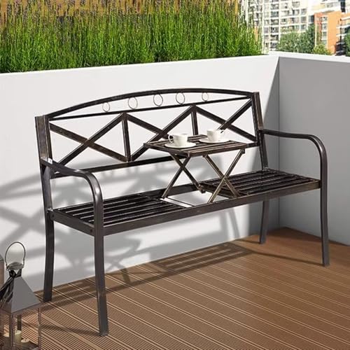 Outdoor Metallbank mit ausziehbarem Tisch, wetterfestes schmiedeeisernes Design mit Rückenlehne und Armlehne, ideal für Park, Terrasse, Veranda, Rasen und Hof von Generisch