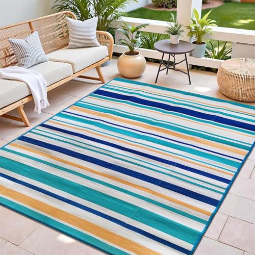 Outdoor Teppich 120x180cm Blau Gelb geometrische Streifen balkonteppich wasserfest Reversible Picknickdecke Kunststoff Stroh Outdoorteppich für Garten Terrasse Camping von Generisch