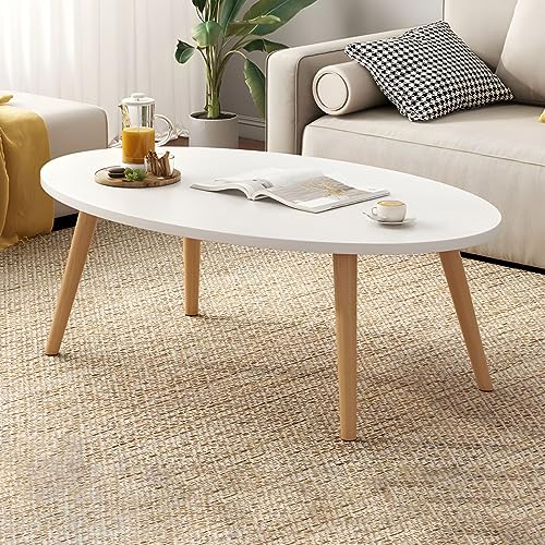 Ovaler Couchtisch mit Holzbeinen, Hochglanz, Weiß, modernes Design, 1 Ablage, für Wohnzimmer, Wohnung, Sofa, Beistelltisch, Balkon und Teetisch Ovaler Couchtisch mit Holzbeinen, Hochglanz, Weiß, modernes Design, 1 Ablage, für Wohnzimmer, Wohnung, Sofa, Beistelltisch, Balkon und Teetisch von Generisch