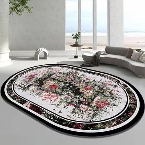 Ovaler Teppich mit Blumenmuster, schwarzer Rand, weißes und rosafarbenes Design, modernes Wohnzimmer-Schlafzimmer-Dekor, 70 x 140 cm von Generisch