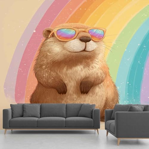 Panorama-Tapete Capybara – Tapete Lustige Wasserschwein Tiere Bunte Streifen Fototapete, 352x250 cm – Vliestapete Wanddeko für Wohnzimmer, Schlafzimmer, Flur(Nicht selbstklebend Wandtapete) von Generisch