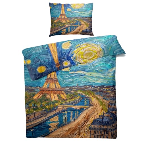 Paris Eiffelturm Bettwäsche 135x200 - ölgemälde Bettbezug 135 x 200 2er Set, Weiche & Angenehme Mikrofaser Bettbezüge & Kissenbezug 80x80, Bettwäsche-Sets mit Reißverschluss X%-176 von Generisch