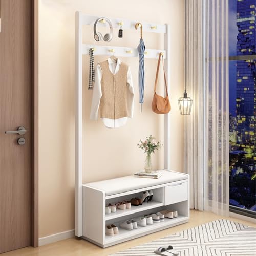 Perchero con Banco 4 en 1 de Madera Maciza de 180 cm para Recibidor y Dormitorio Perchero Zapatero Recibidor con Cajones 2 Compartimentos y 9 Ganchos(White 80cm/31.5in) von Generisch