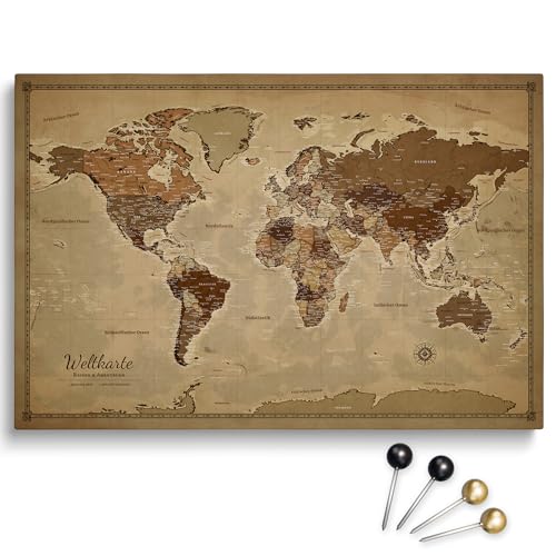 Personalisierbare Leinwand aus Weltkarte Motiv mit Rückwand-Pinnwand, perfekt für Reisende und als Wanddekoration, Dekorative Leinwandbilder, inkl. 100 Pins (Design 3, 90x60cm) von Generisch
