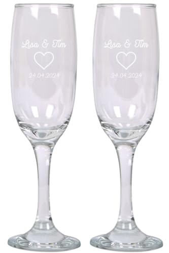 Personalisierte Hochzeits-Sektgläser mit Gravur – 2er Set – Mit Namen & Datum – Herz-Motiv – 210 ml – Spülmaschinenfest von Generisch