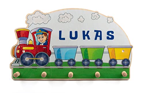 Personalisierte Kindergarderobe 'Zug' aus Birkenholz mit fünf Kleiderhaken. Garderobe für Kinder mit Wunschnamen, ca. 50 x 29 cm von Generisch