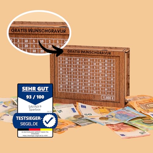Spardose mit Namensgravur 1000€ • SparBox: Das Original (6 Größen) • Wiederverwendbar • mit Zahlen zum ankreuzen • Geschenk für Kinder & Erwachsene von SavinX